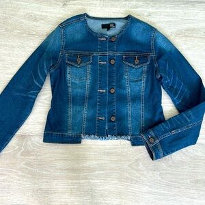 1822 Denim Jean Cropped Jacket Collarless with Raw Hem size S
